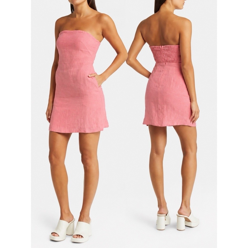 Pink Linen Strapless Mini‎ Dress Size Small Pockets